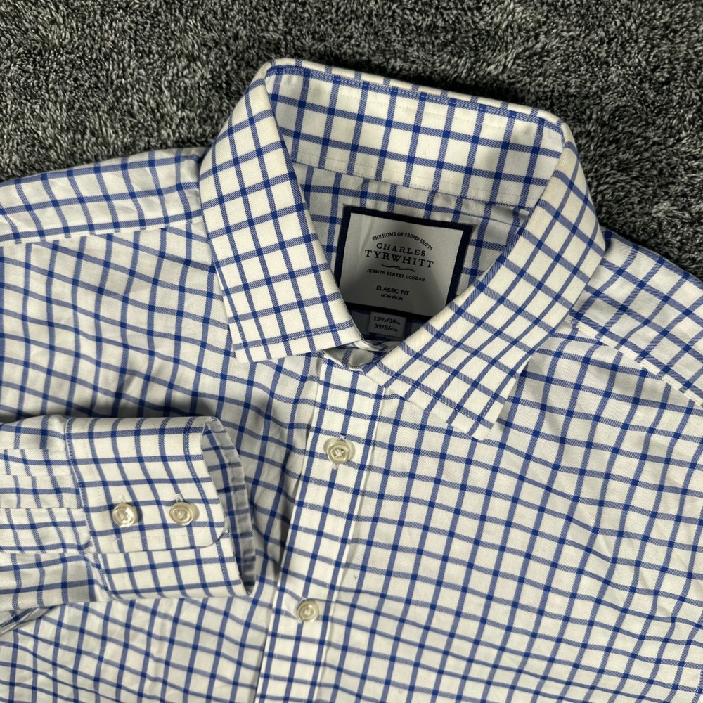Charles Tyrwhitt Shirt Mens 15.5/34 Classic Fit Blue Tattersall Check Non-Iron